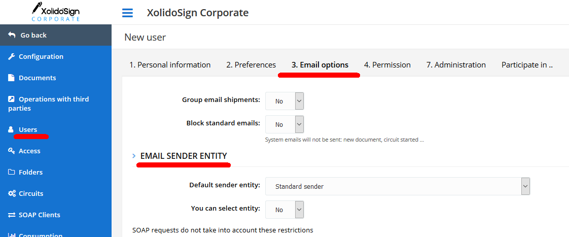 Users - Email sender entity