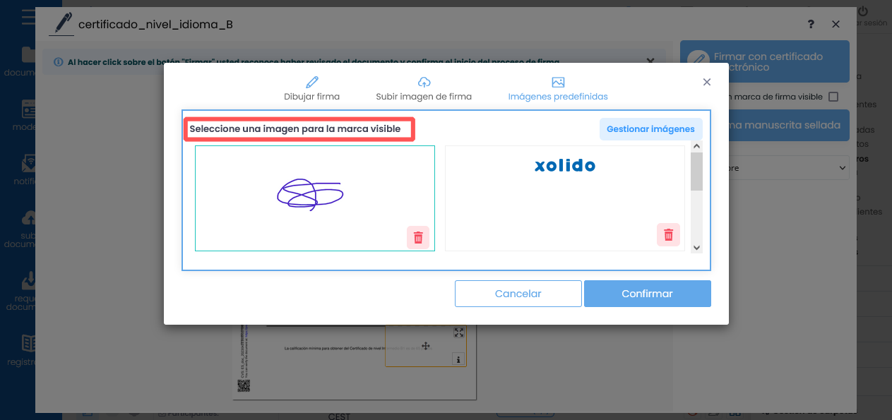 Selección de imagen de firma al firmar el usuario interno con certificado y marca visible