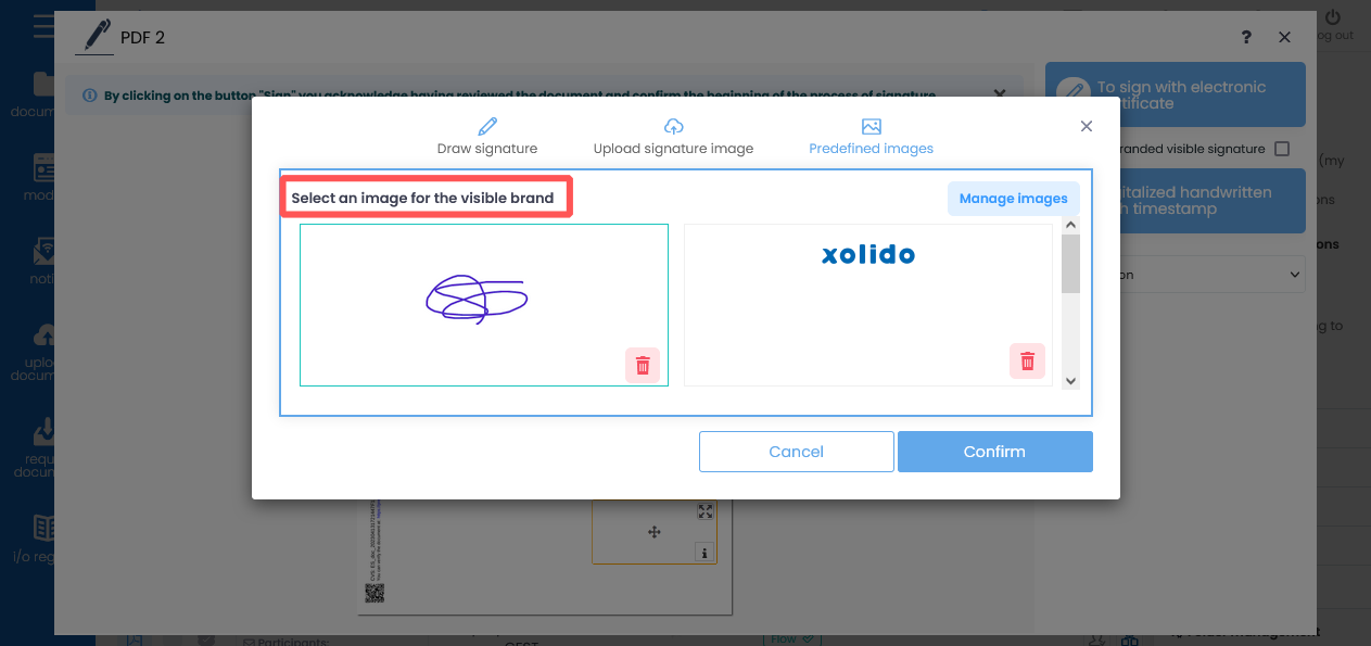 Selection of signature image when signing the internal user with certificate and visible mark