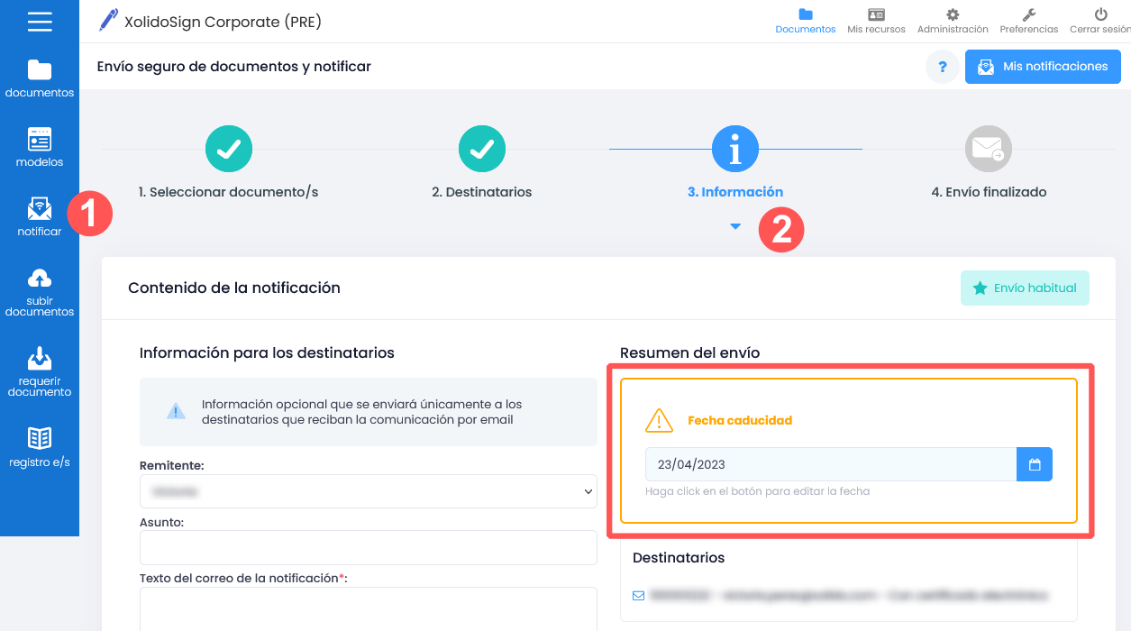 Configuración validez notificaciones por usuario