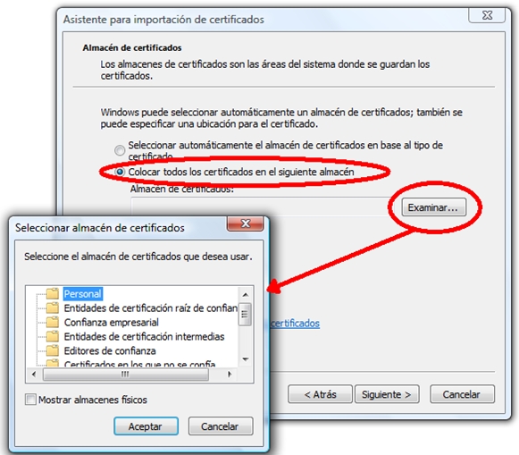 Asistente para importación de certificados. Almacén de certificados