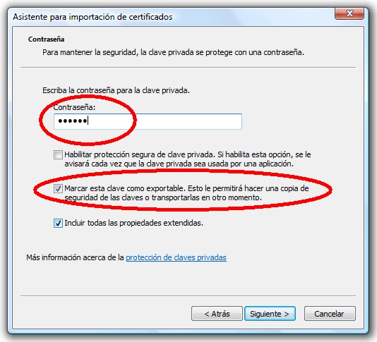 Asistente para importación de certificados. Contraseña