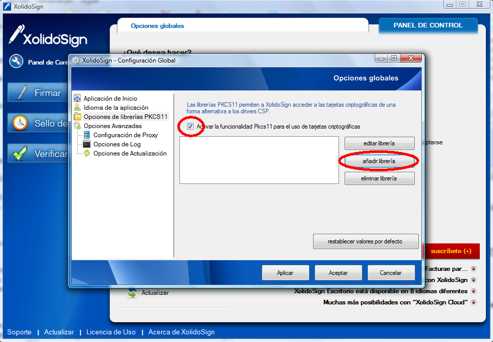XolidoSign Desktop - Configuración Global > Opciones de librerías PKCS11