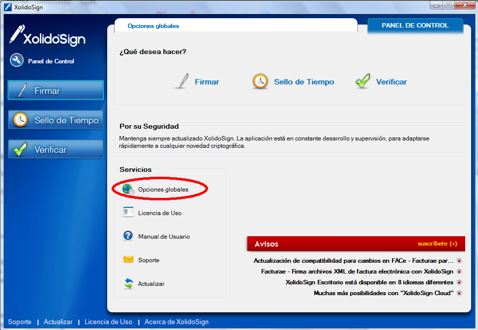 Pantalla inicio XolidoSign Desktop - Opciones globales