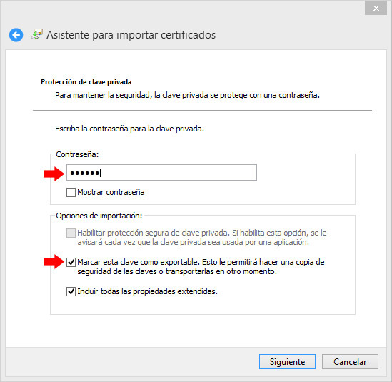 Asistente para importación de certificados. Contraseña