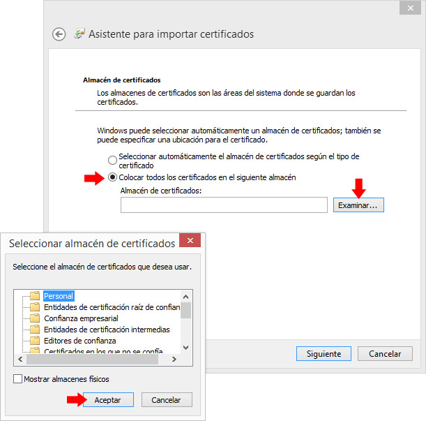 Asistente para importación de certificados. Almacén de certificados