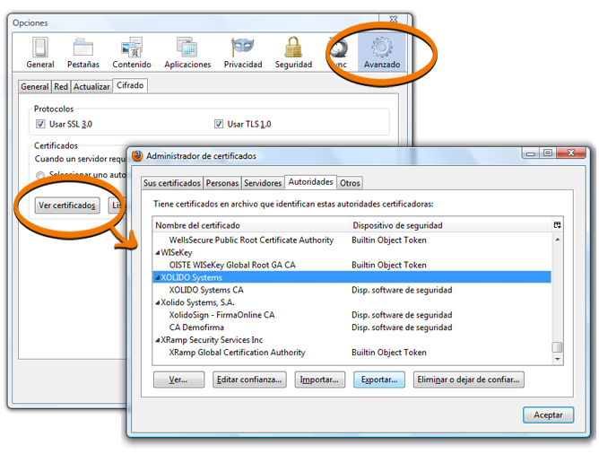 Panel de configuración de los certificados en Firefox