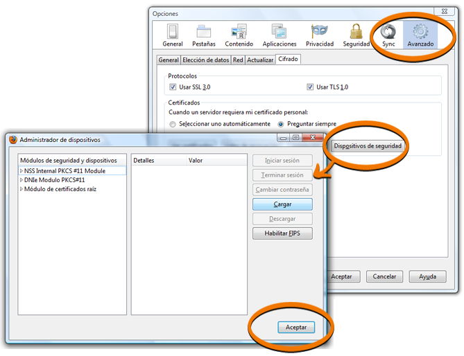 Panel de configuración de los dispositivos de seguridad en Firefox