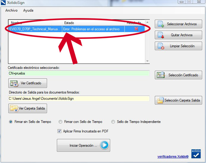 Fig. 1. Error. Problemas en el acceso al archivo