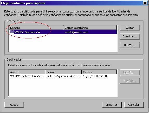 Fig. 4a. Imagen de menú con el certificado que nos disponemos a importar