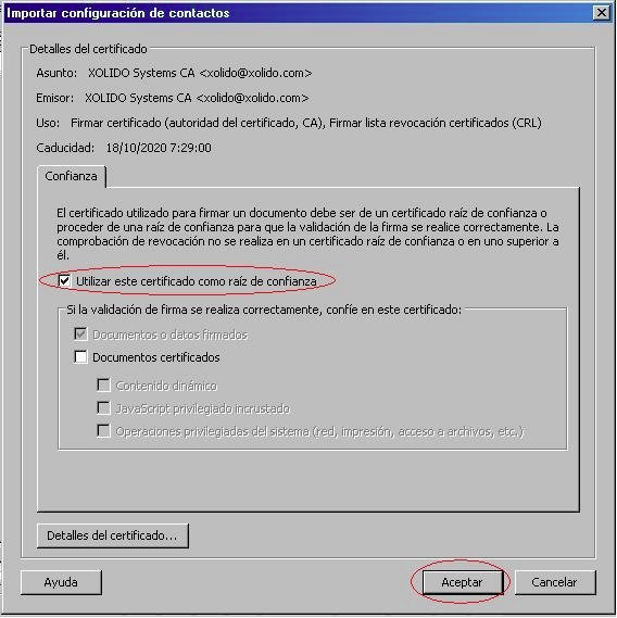 Fig. 5. Pantalla con detalles del certificado y aceptación de la importación