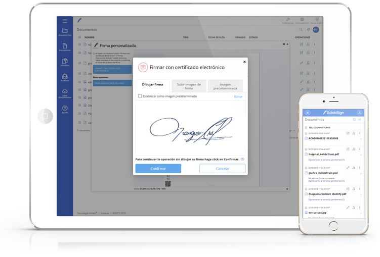 Dibuja tu firma manuscrita directamente en la pantalla de tu dispositivo y escoge: Firma con certificado electrónico o Firma manuscrita sellada